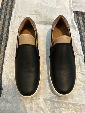 UGG Women's Black Slip-On Leather Loafers with White Sole
